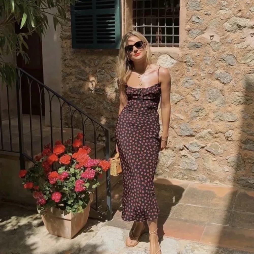 Floral Retro Midi Spaghetti Strap Dress